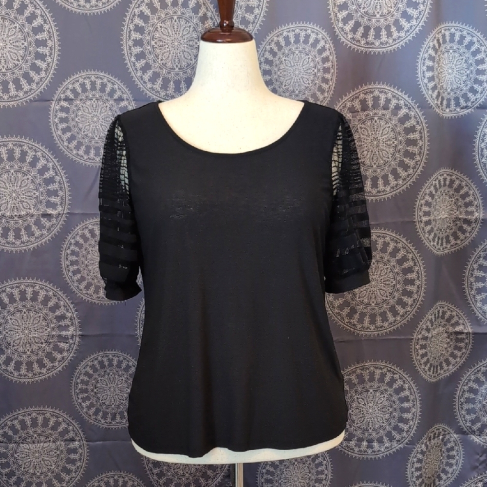 Black Blouse with Striped Mesh Sleeves